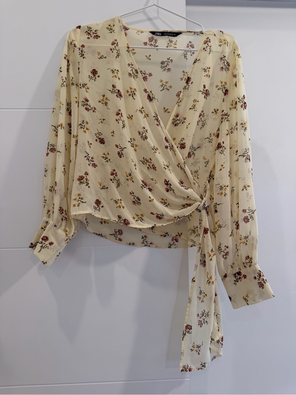Zara Sheer Cream Floral Wrap top with Side Tie